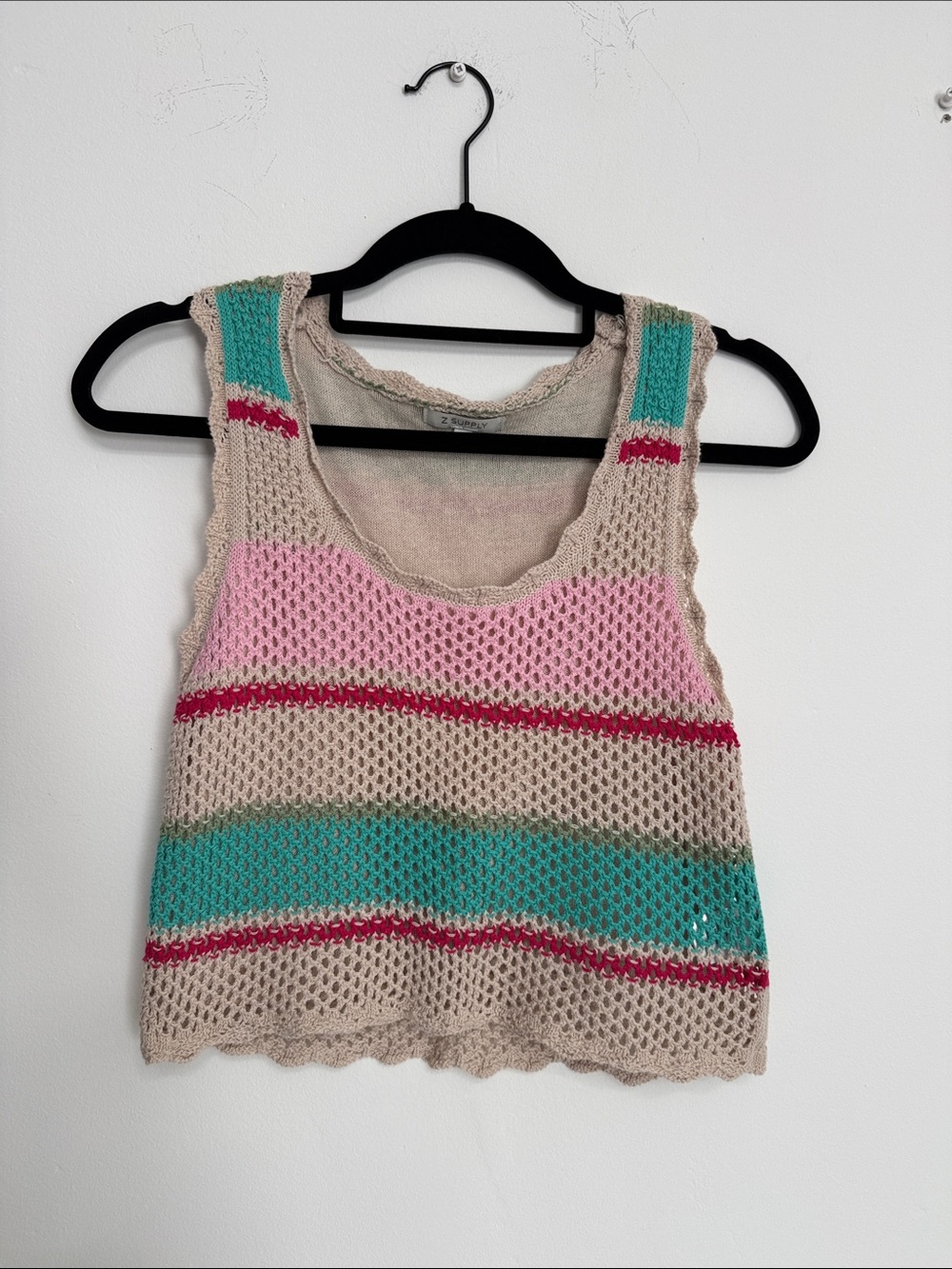 Z Supply Beige Open-Knit Crop Top with Pink & Teal Stripes